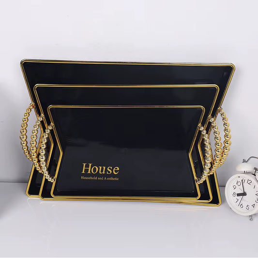 Set de Plateaux de Service Noir et Doré – Design Moderne et Raffiné (Lot de 3)